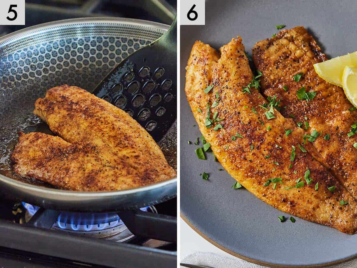 Set of two photos showing pan fried tilapia flipped in a pan and then plated.