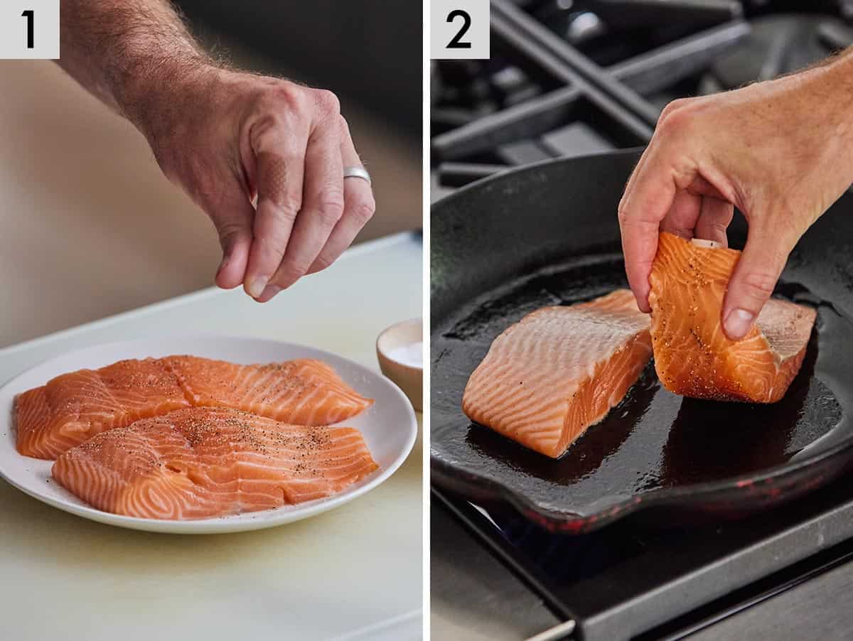 Set of two photos showing the fillets being seasoned then placed in a cast iron.
