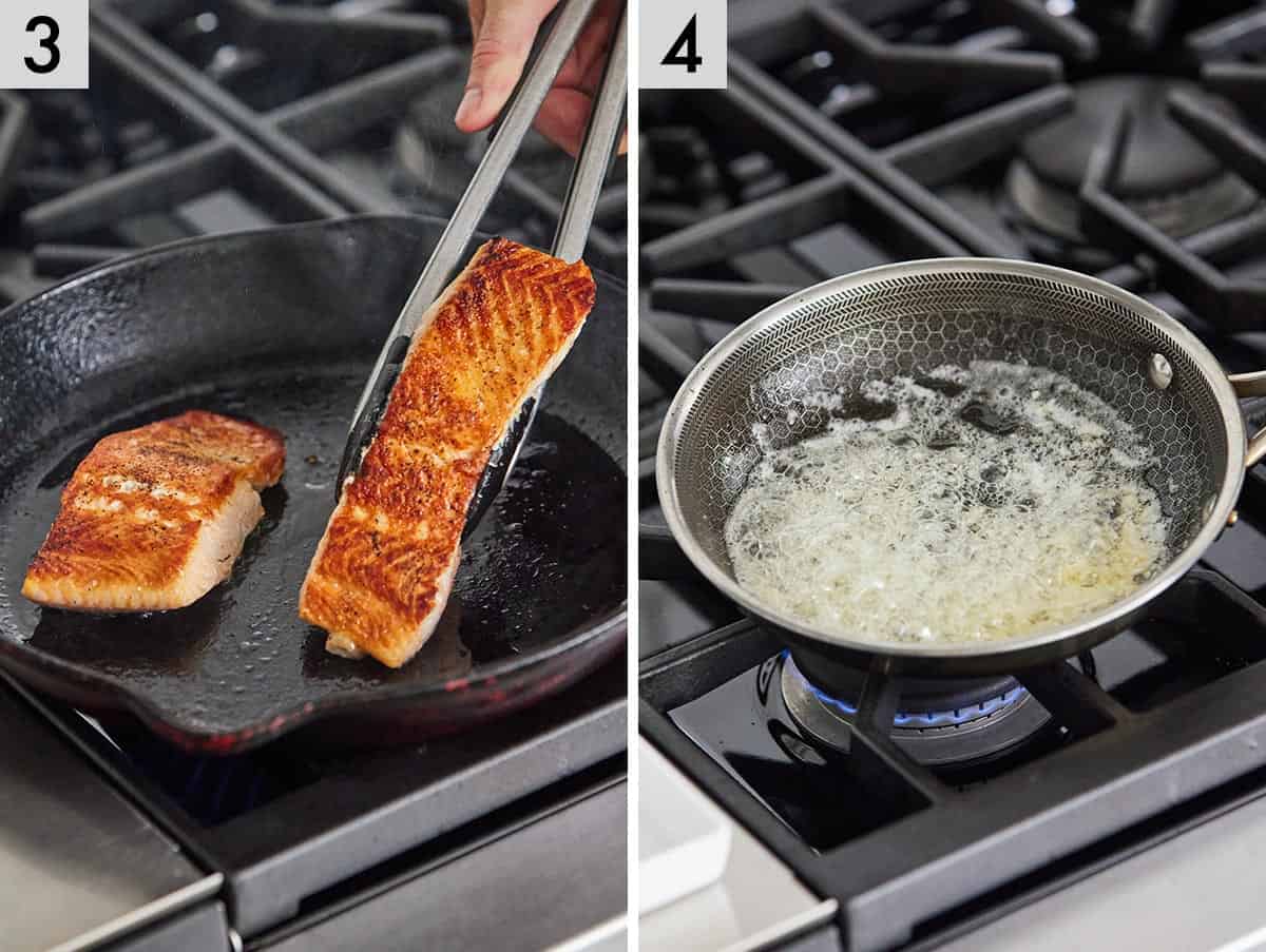 Set of two photos showing the fillets being flipped with a pair of tongs and butter sauce being cooked in a pan.