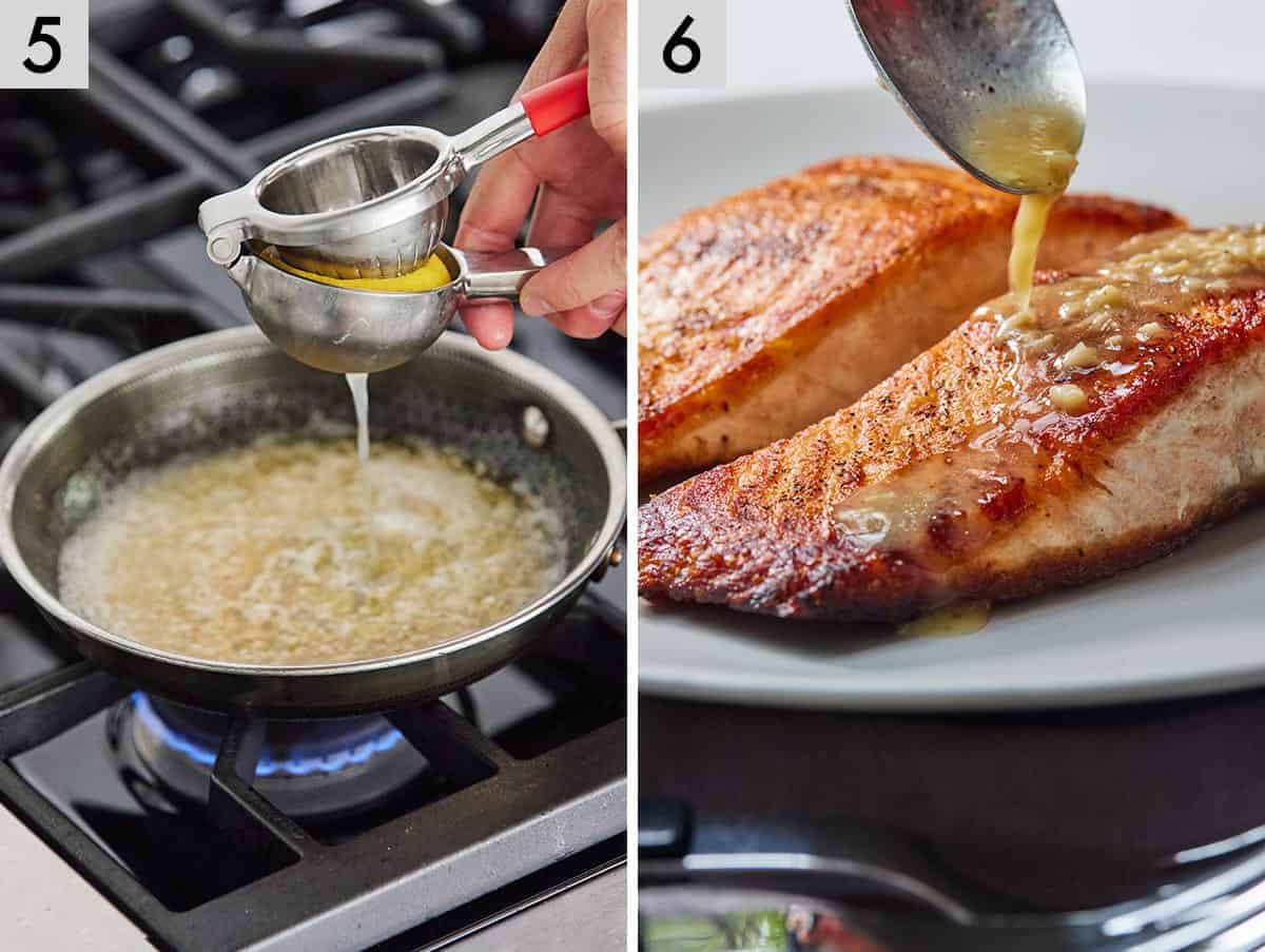 Set of two photos showing lemon juiced into a pan and then sauce spooned over pan seared salmon.