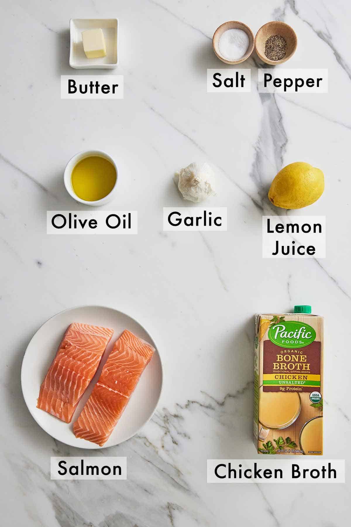 Ingredients needed to make pan seared salmon.