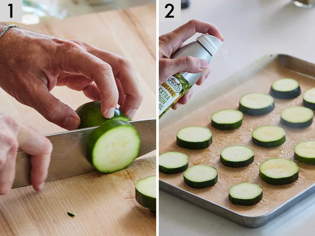 Set of two photos showing zucchini being sliced and then sprayed with some oil on a sheet pan.