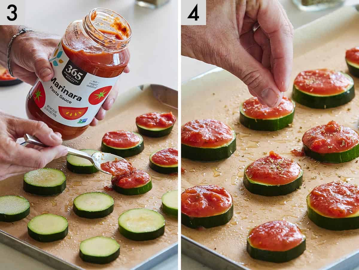 Set of two photos showing marinara sauce spooned onto the vegetable rounds and then topped with dried oregano.