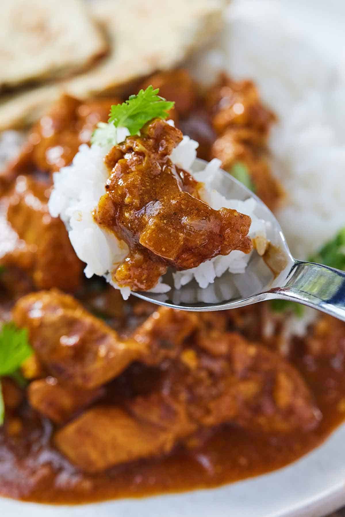 A spoon with rice and Instant Pot chicken tikka masala being lifted from a plate of food.