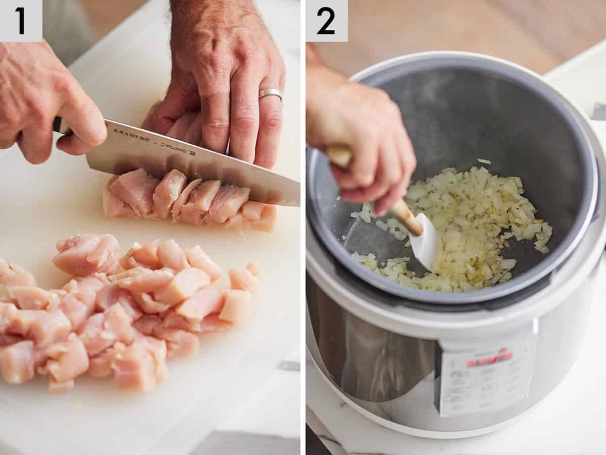 Set of two photos showing chicken being cut into cubes and then onions being sautéed.