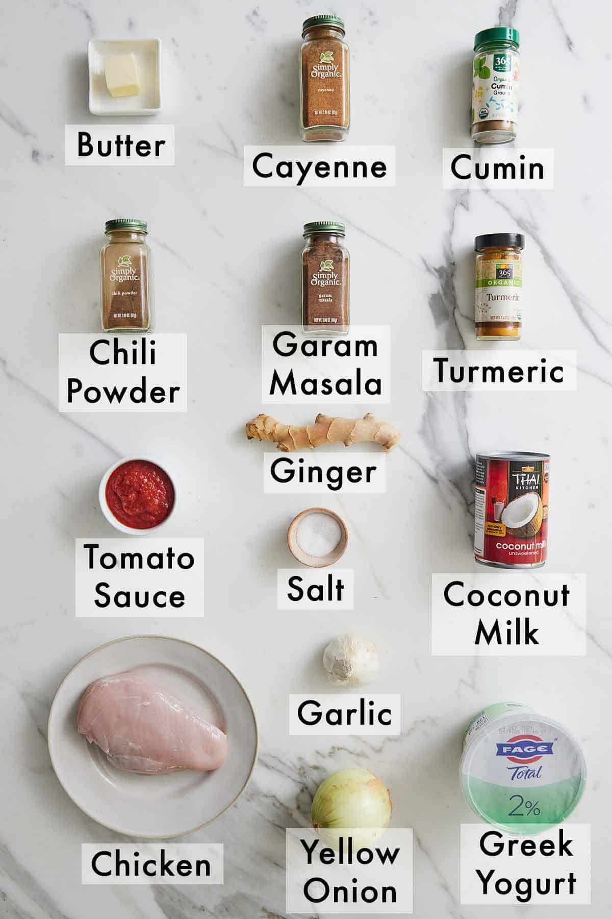 Ingredients needed to make Instant Pot chicken tikka masala.
