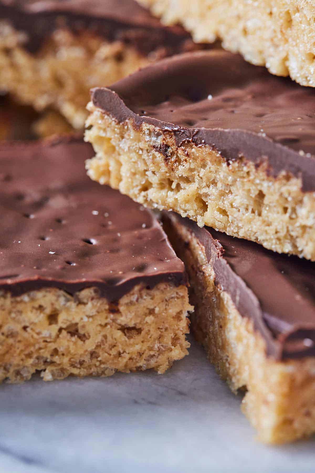 Close up of a stack of peanut butter rice krispie treats.