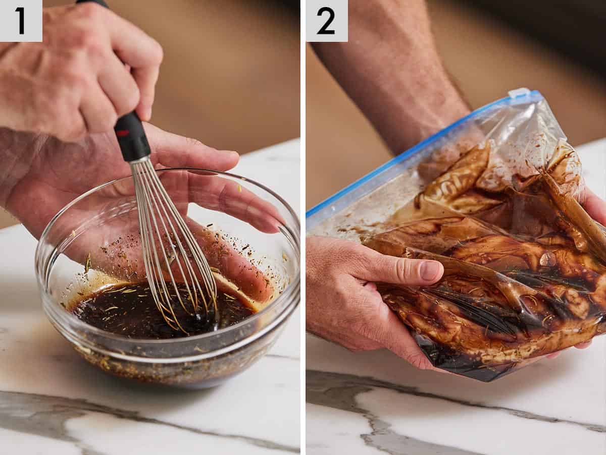 Set of two photos showing the marinade whisked and added to a bag of chicken.