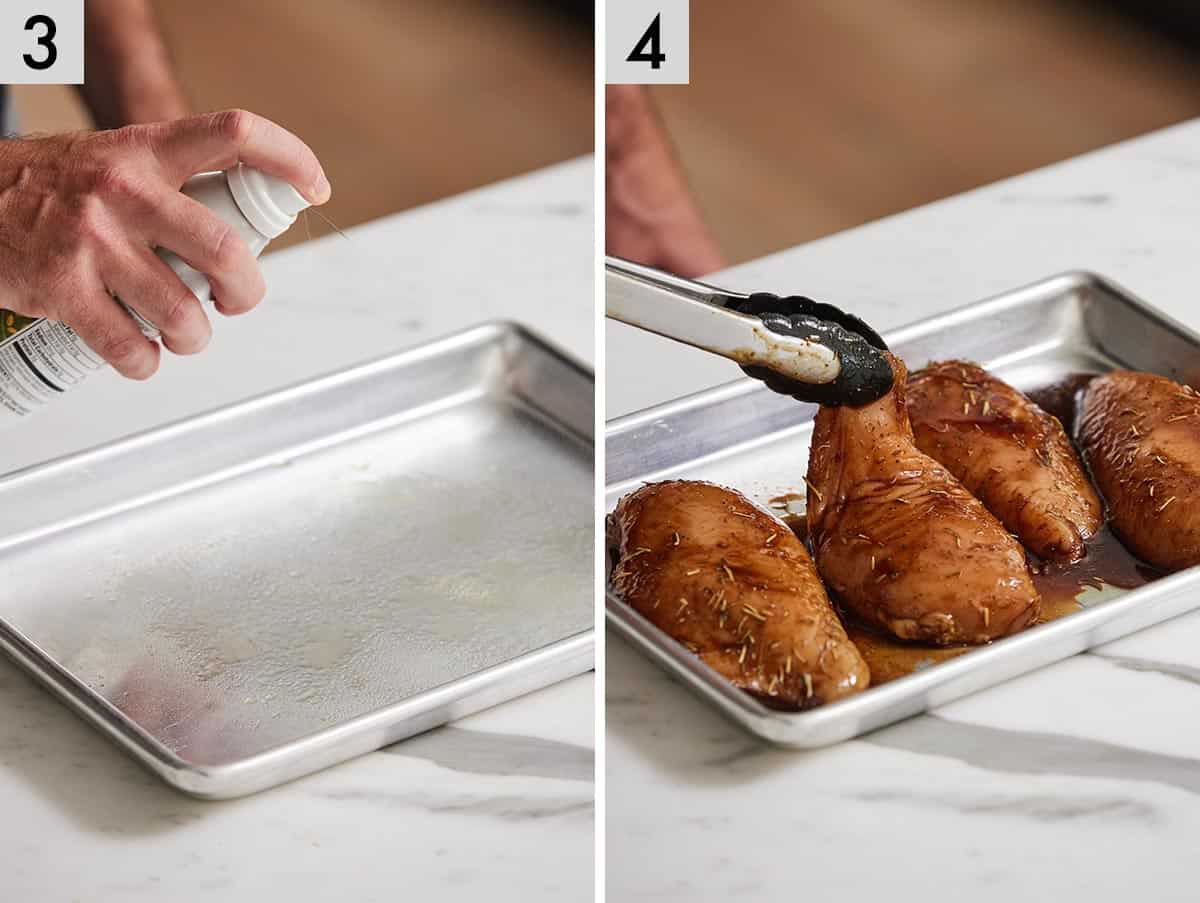 Set of two photos showing the sheet pan sprayed and chicken placed on top.