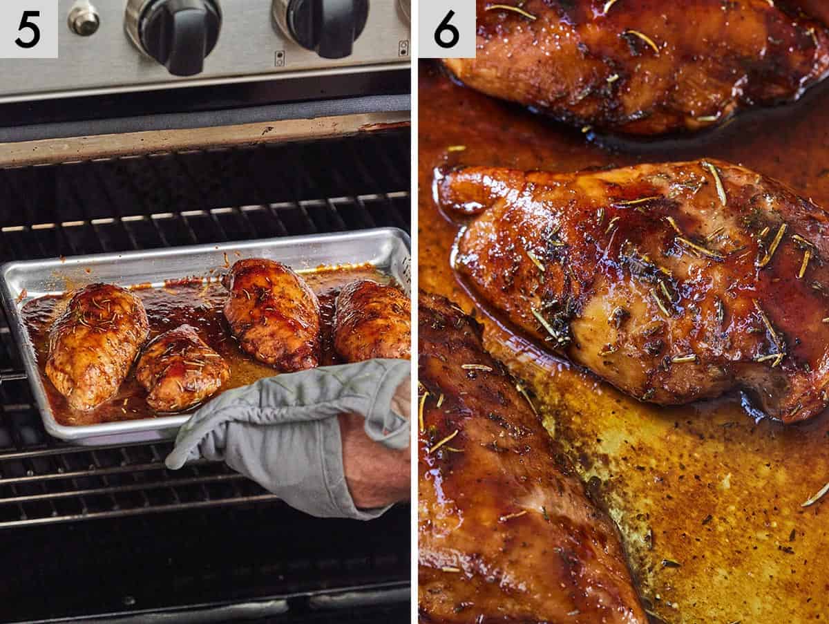 Set of two photos showing the sheet pan placed into the oven and the end result.