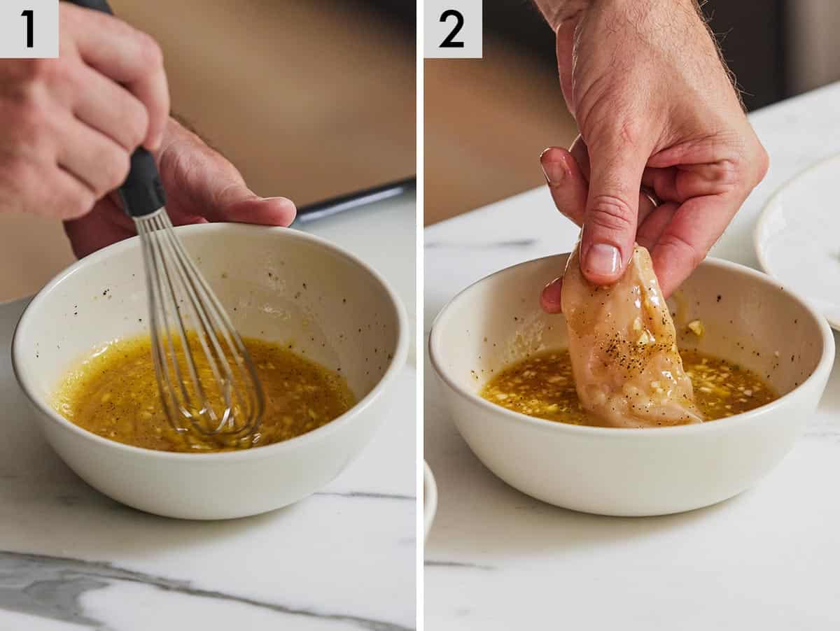 Set of two photos showing egg mixture whisked and chicken placed inside.