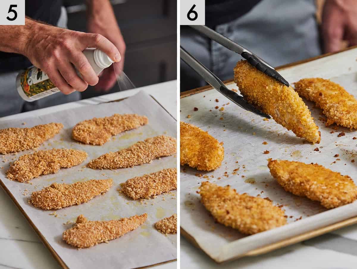 Set of two photos showing the breaded pieces of meat sprayed, baked, and flipped.