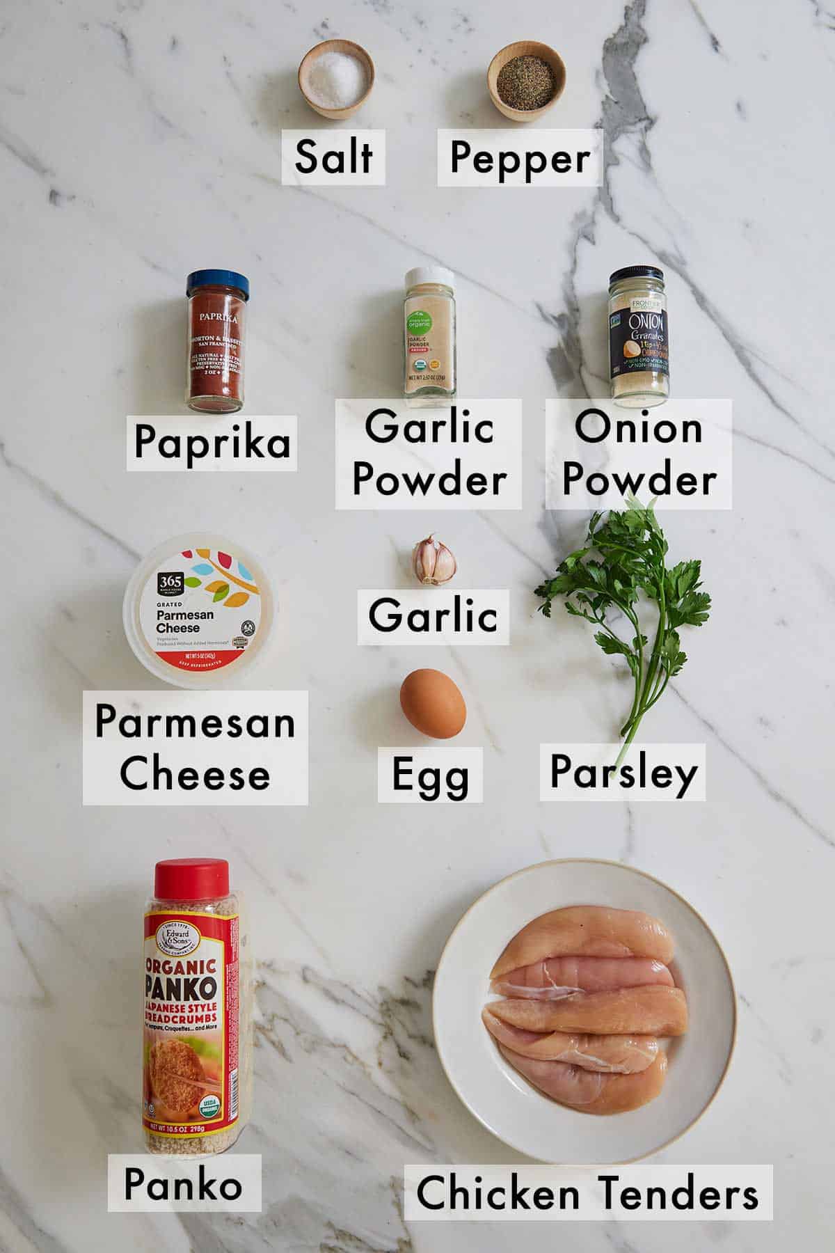 Ingredients needed to make chicken tenders.