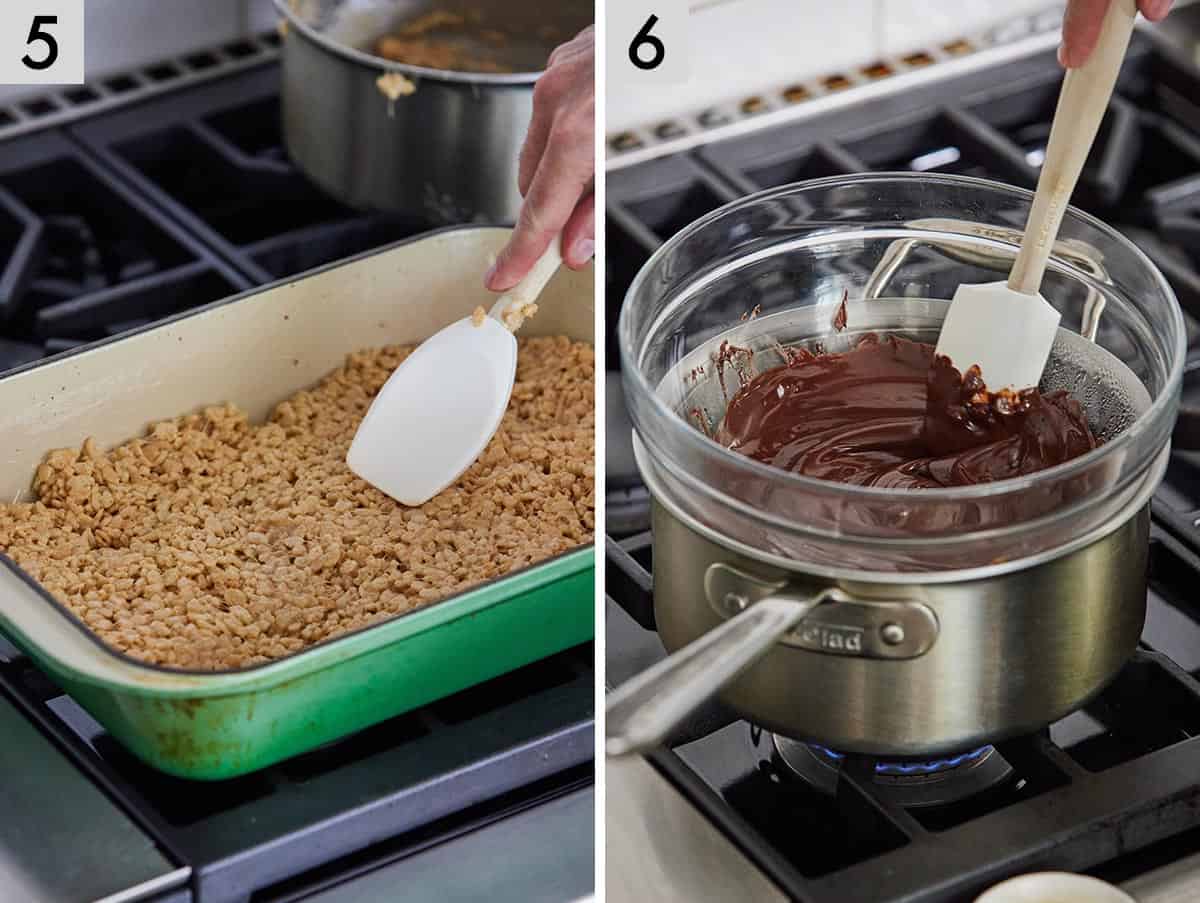 Set of two photos showing the mixture pressed into a baking dish and chocolate being melted.