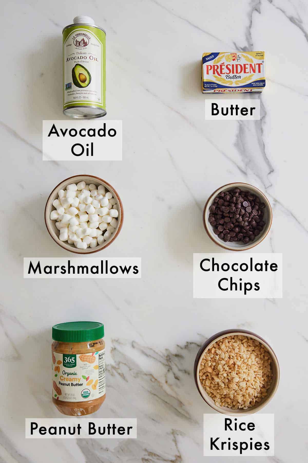 Ingredients needed to make peanut butter rice krispie treats.