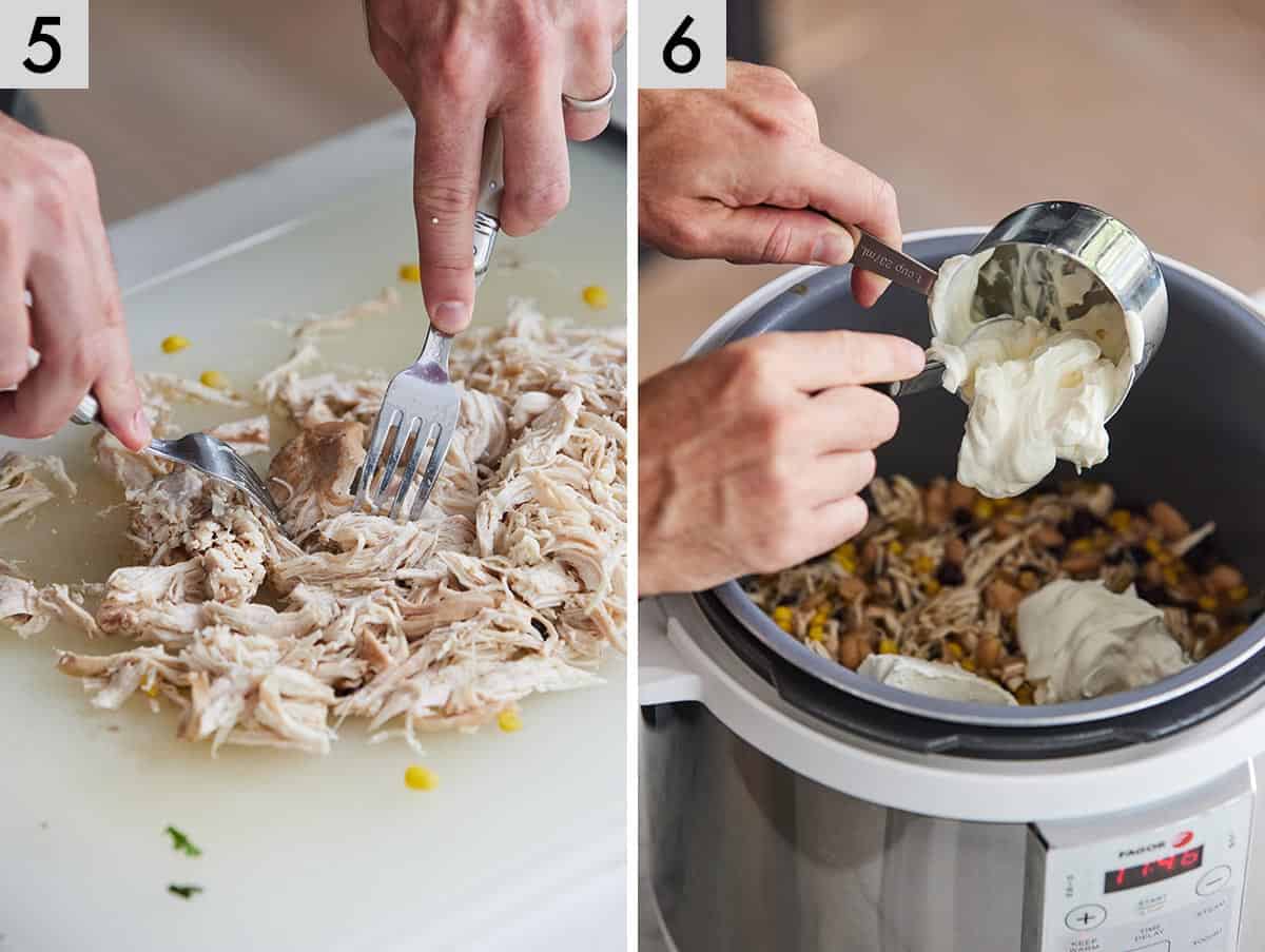 Set of two photos showing chicken shredded and sour cream added to the liner.