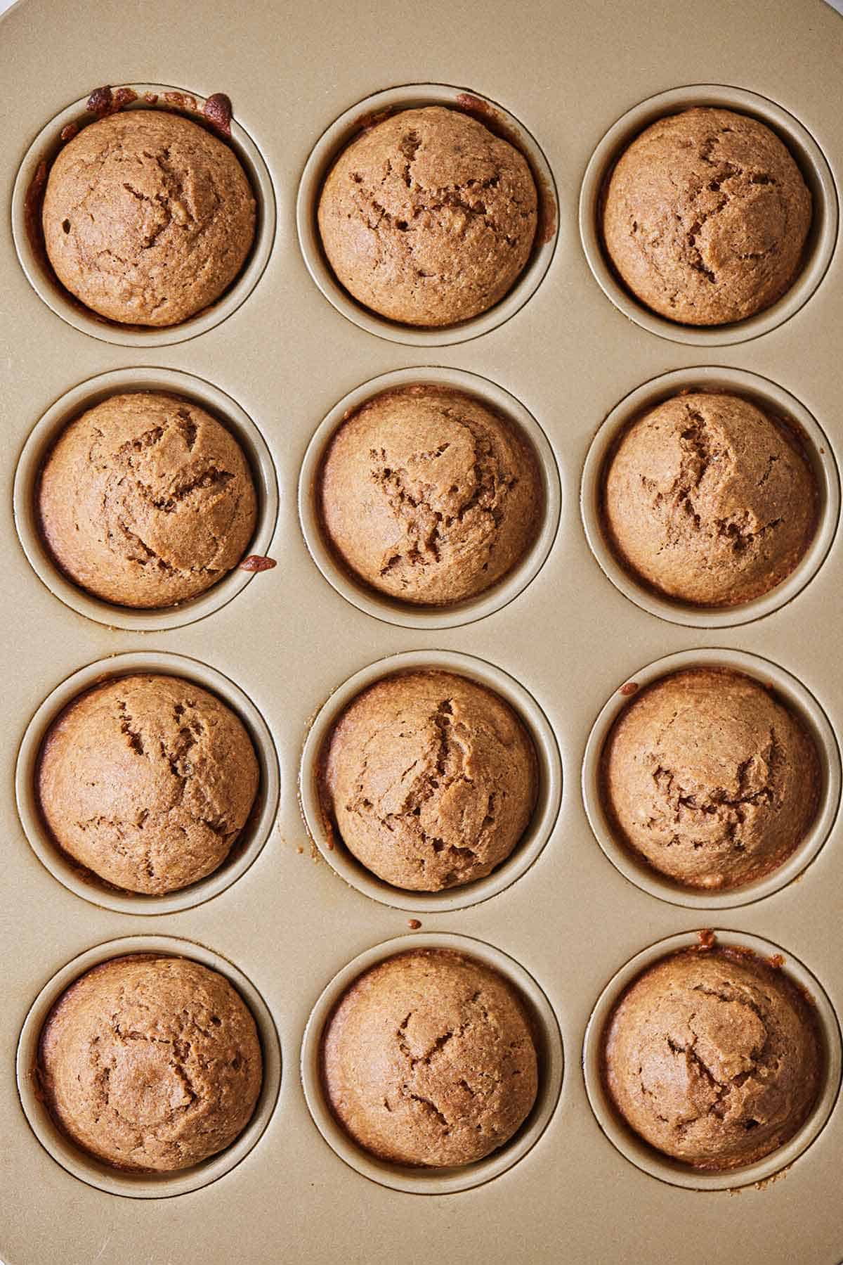 Overhead view of muffins in the baking tin.
