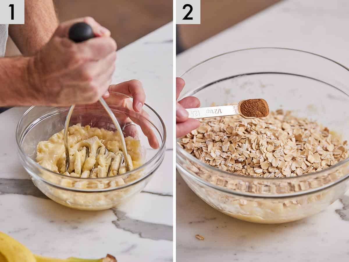 Set of two photos showing bananas mashed and cinnamon added to oats.