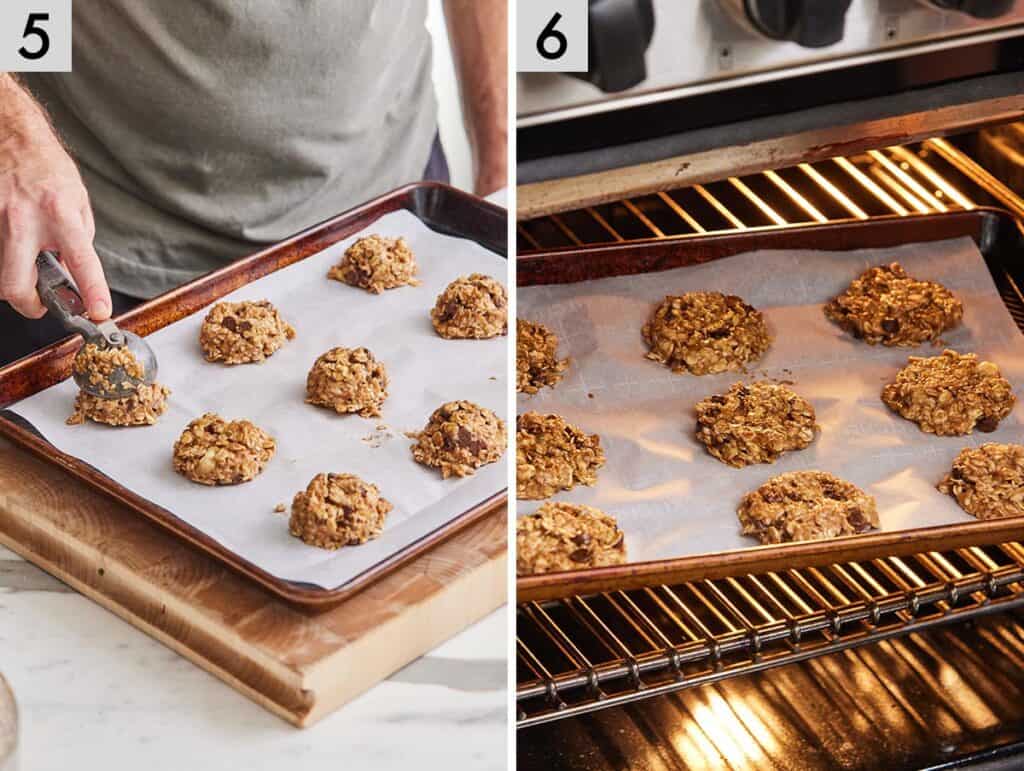 Set of two photo showing the cookies scooped onto the sheet pan and baked.