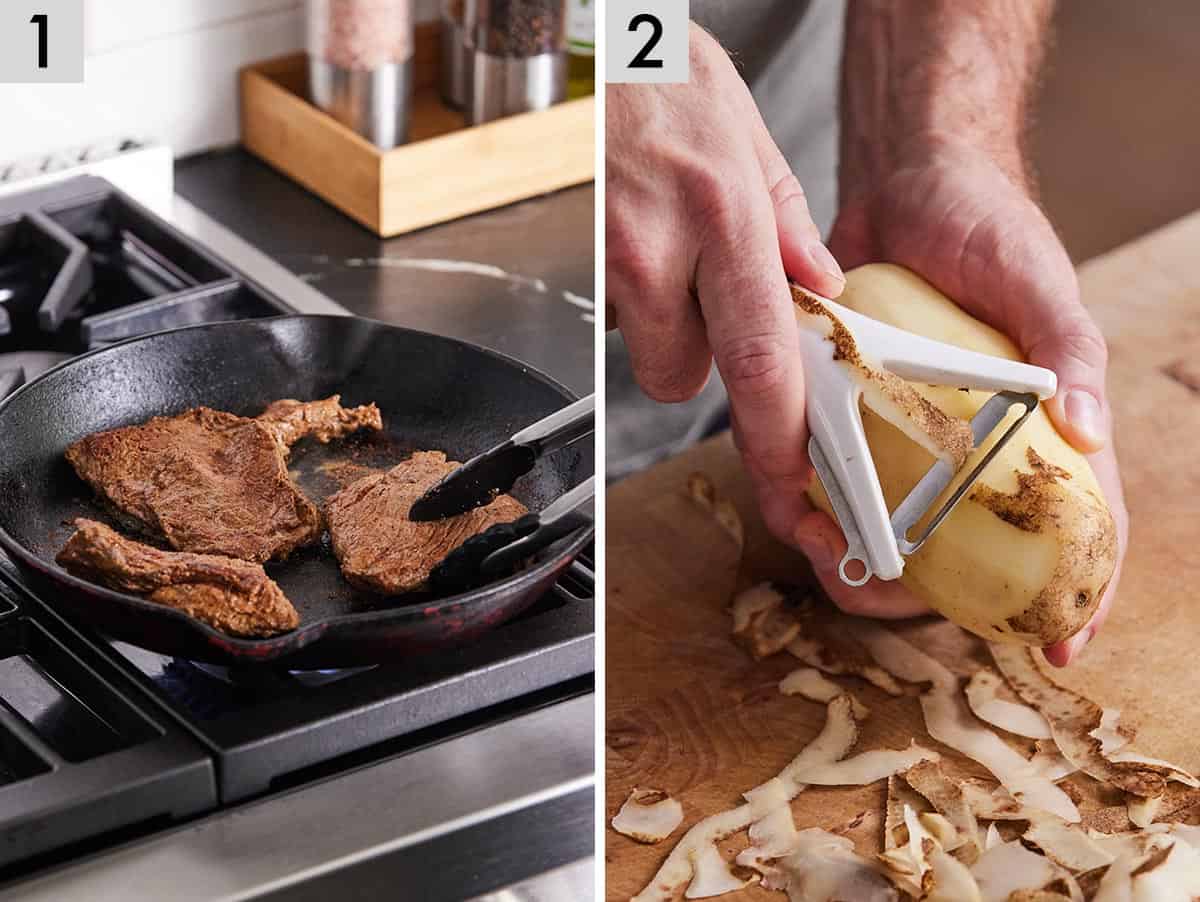 Set of two photos showing meat seared in a cast iron and a potato being peeled.