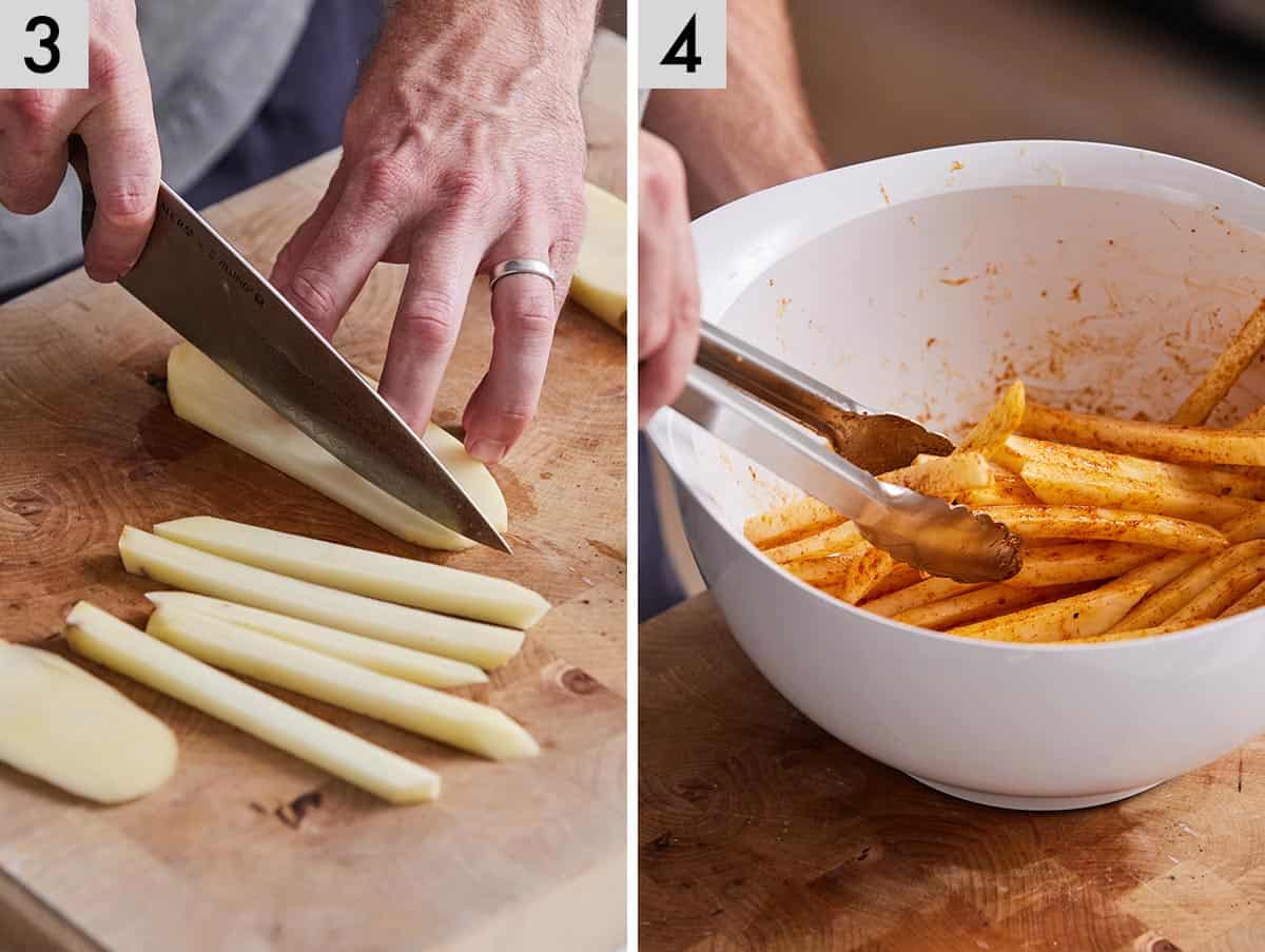 Set of two photos showing potatoes being sliced and tossed in seasoning.