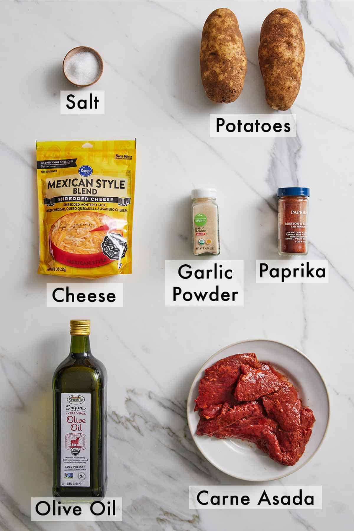 Ingredients needed to make carne asada fries.
