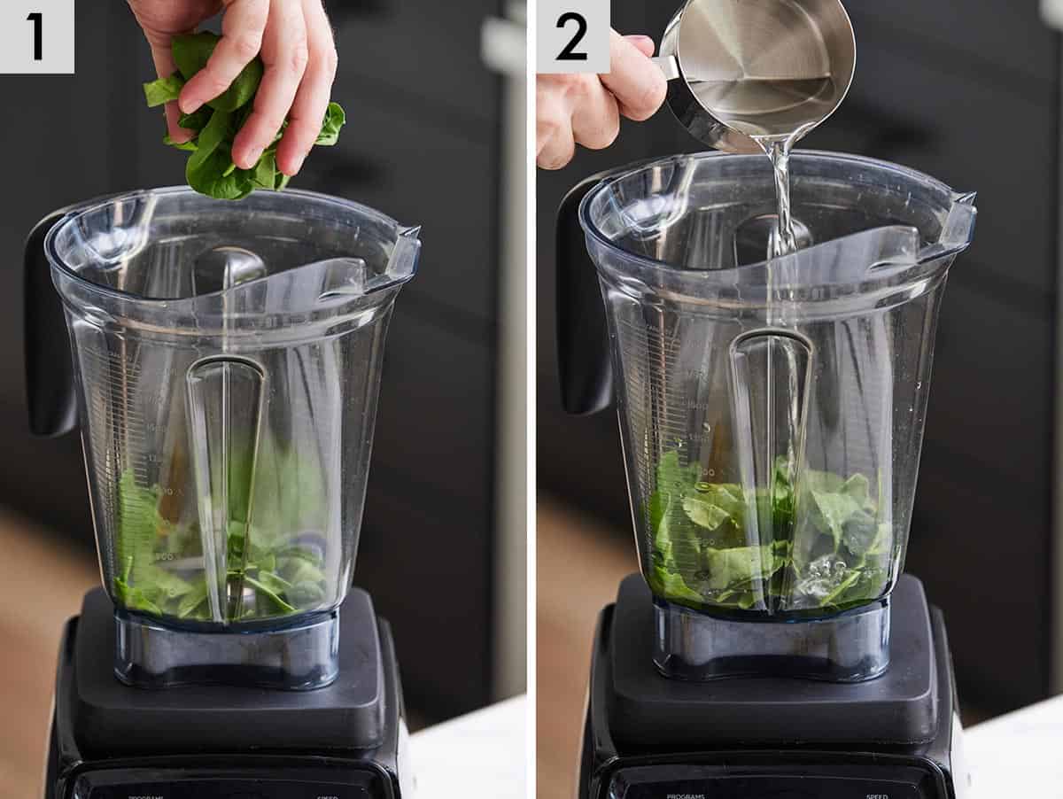 Set of two photos showing spinach and water added to a blender.