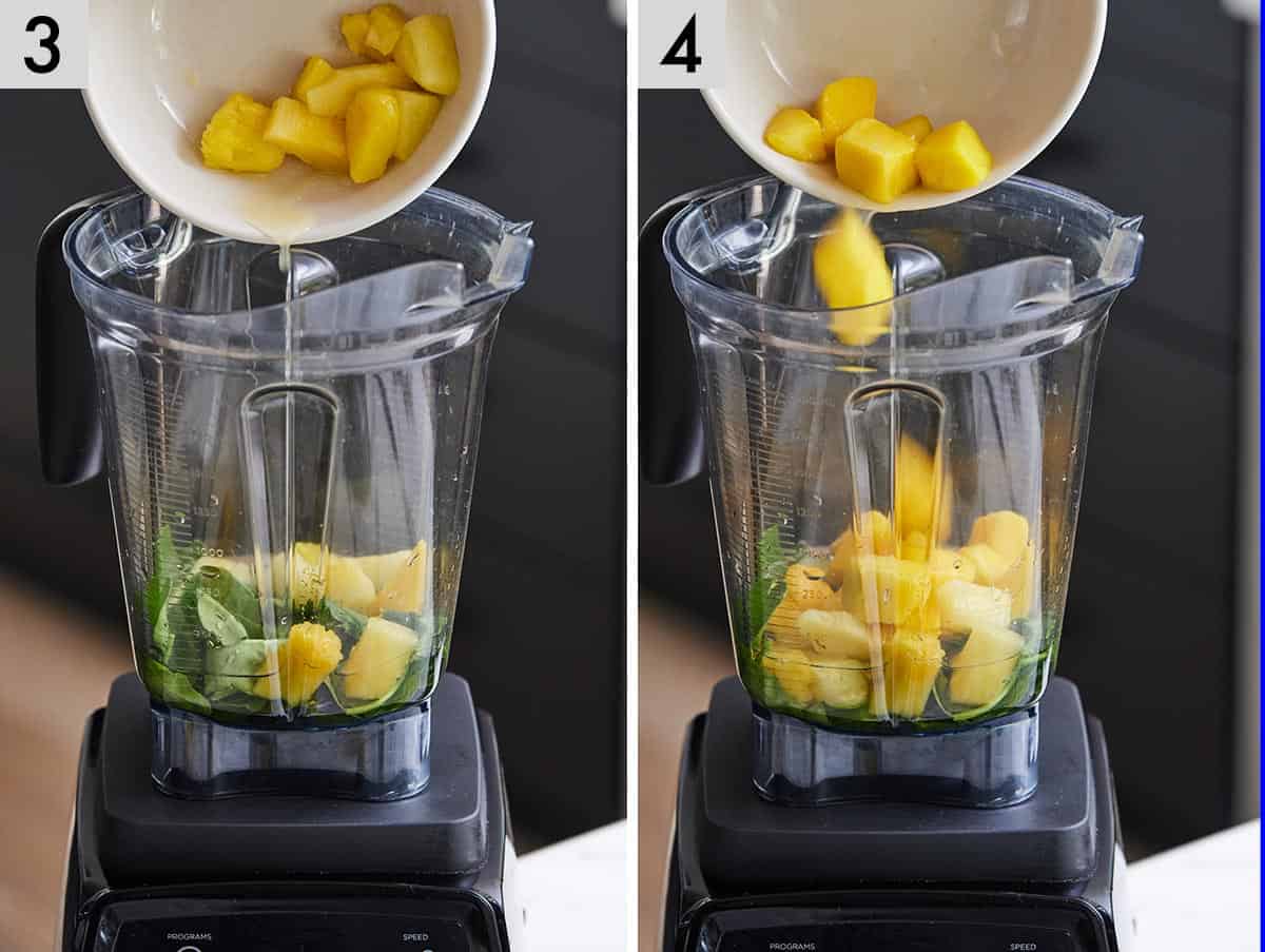 Set of two photos showing frozen pineapple and mango into a blender.