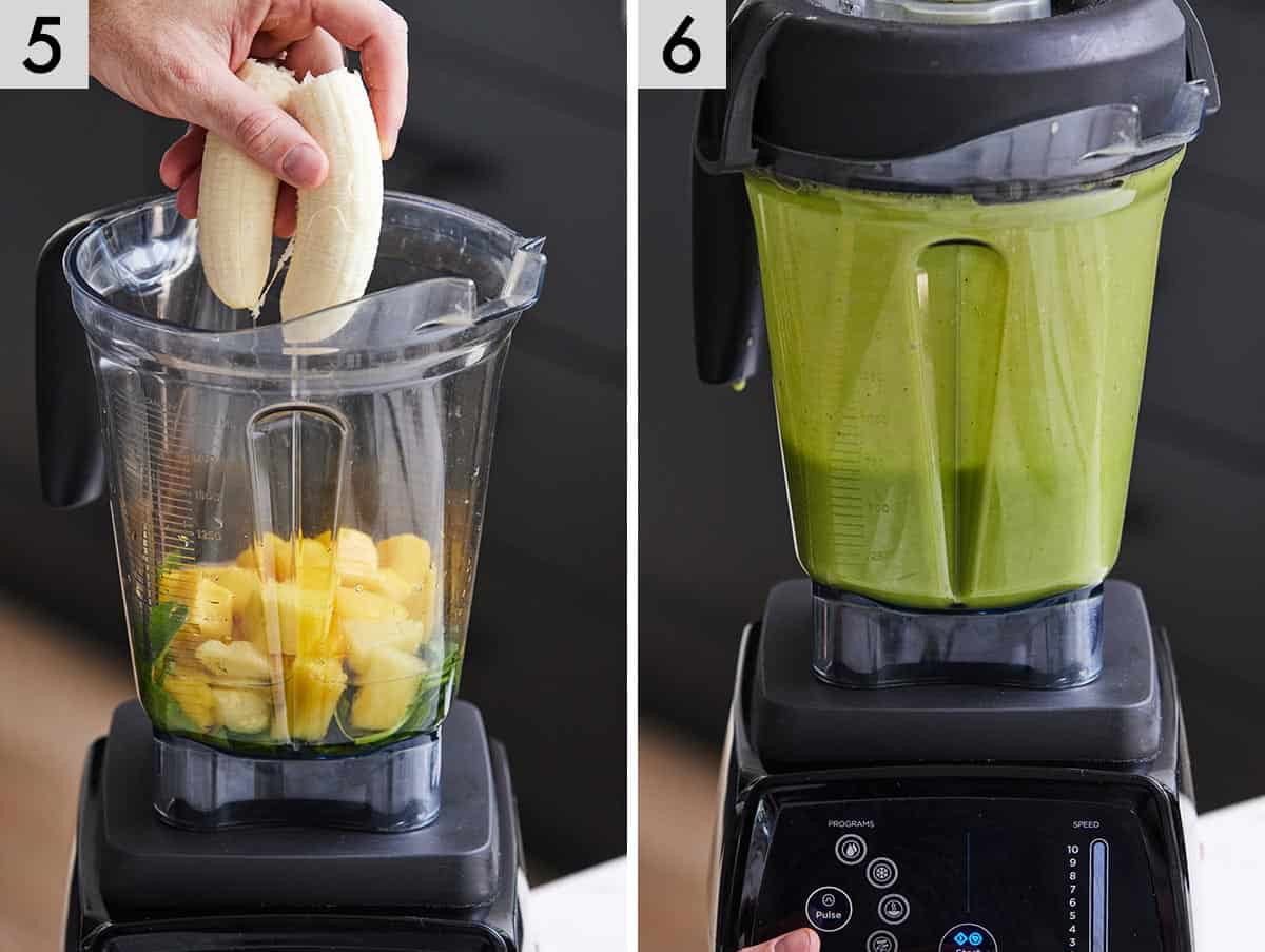 Set of two photos showing banana added to a blender before blending.