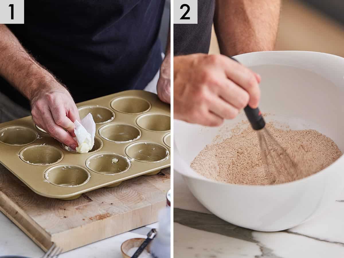 Set of two photos showing muffin tin greased and dry ingredients whisked.