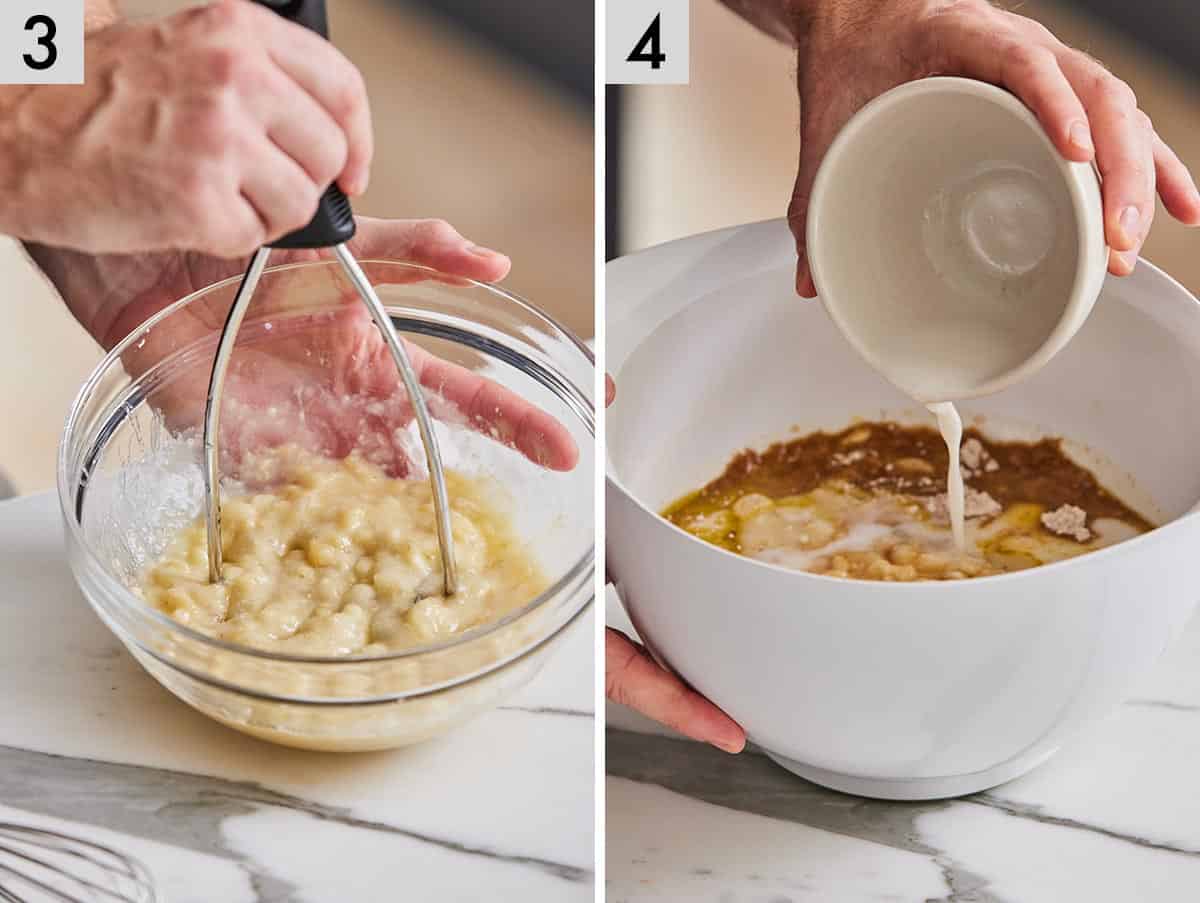 Set of two photos showing bananas mashed and wet ingredients mixed.