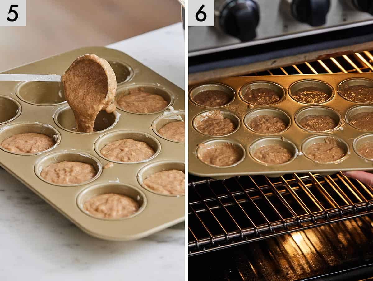 Set of two photos showing batter scooped to the tin and then baked.