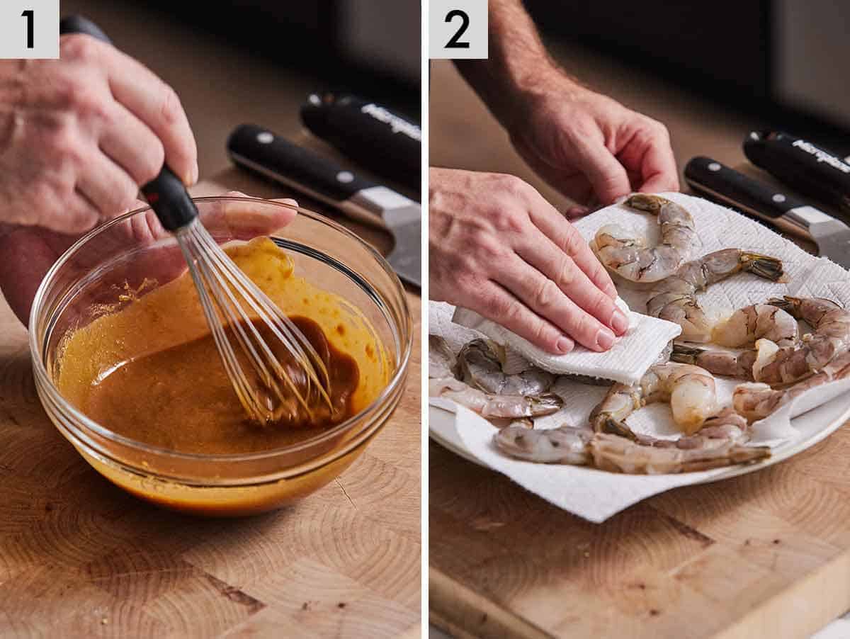 Set of two photos showing peanut sauce being whisked together and shrimp being patted dry.