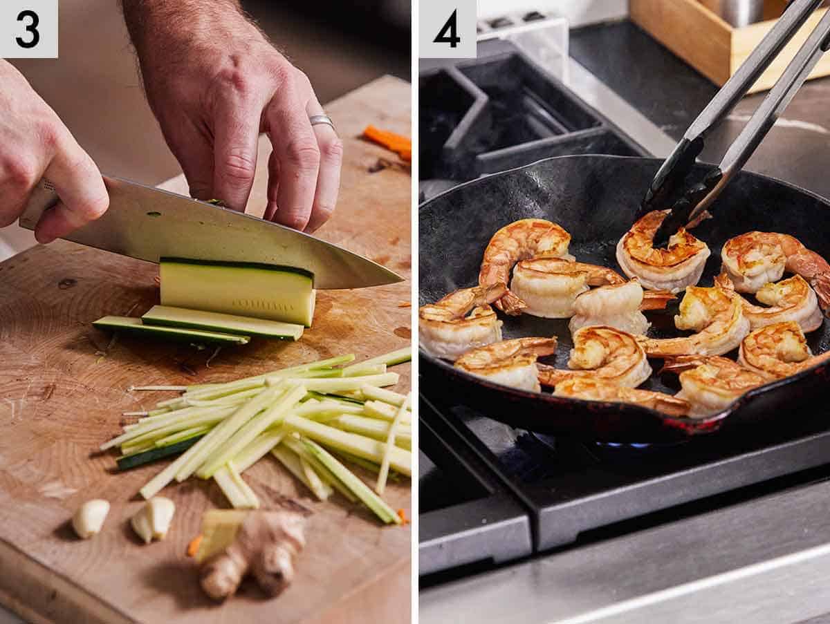 Set of two photos showing zucchini being sliced and shrimps seared.