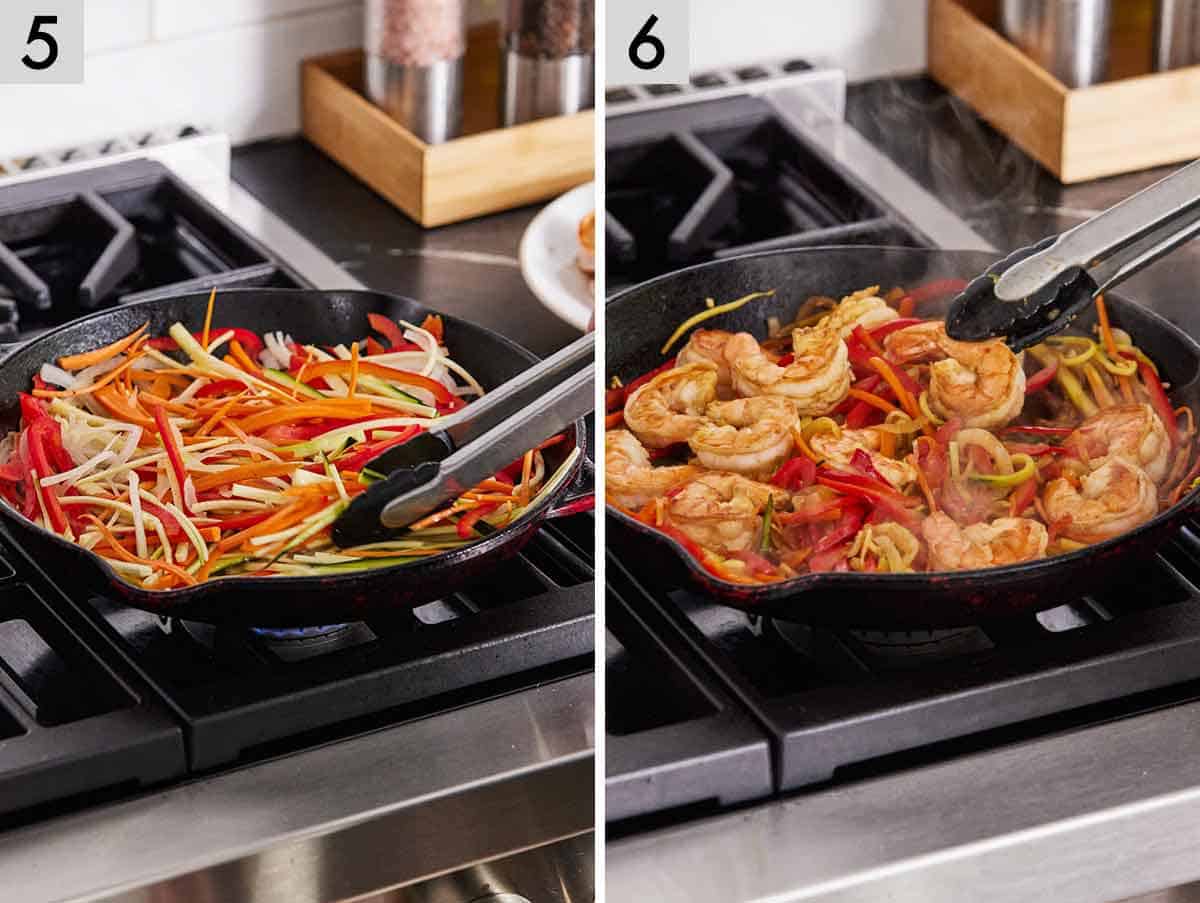 Set of two photos showing vegetables cooked in a pan and shrimp added to the vegetables.