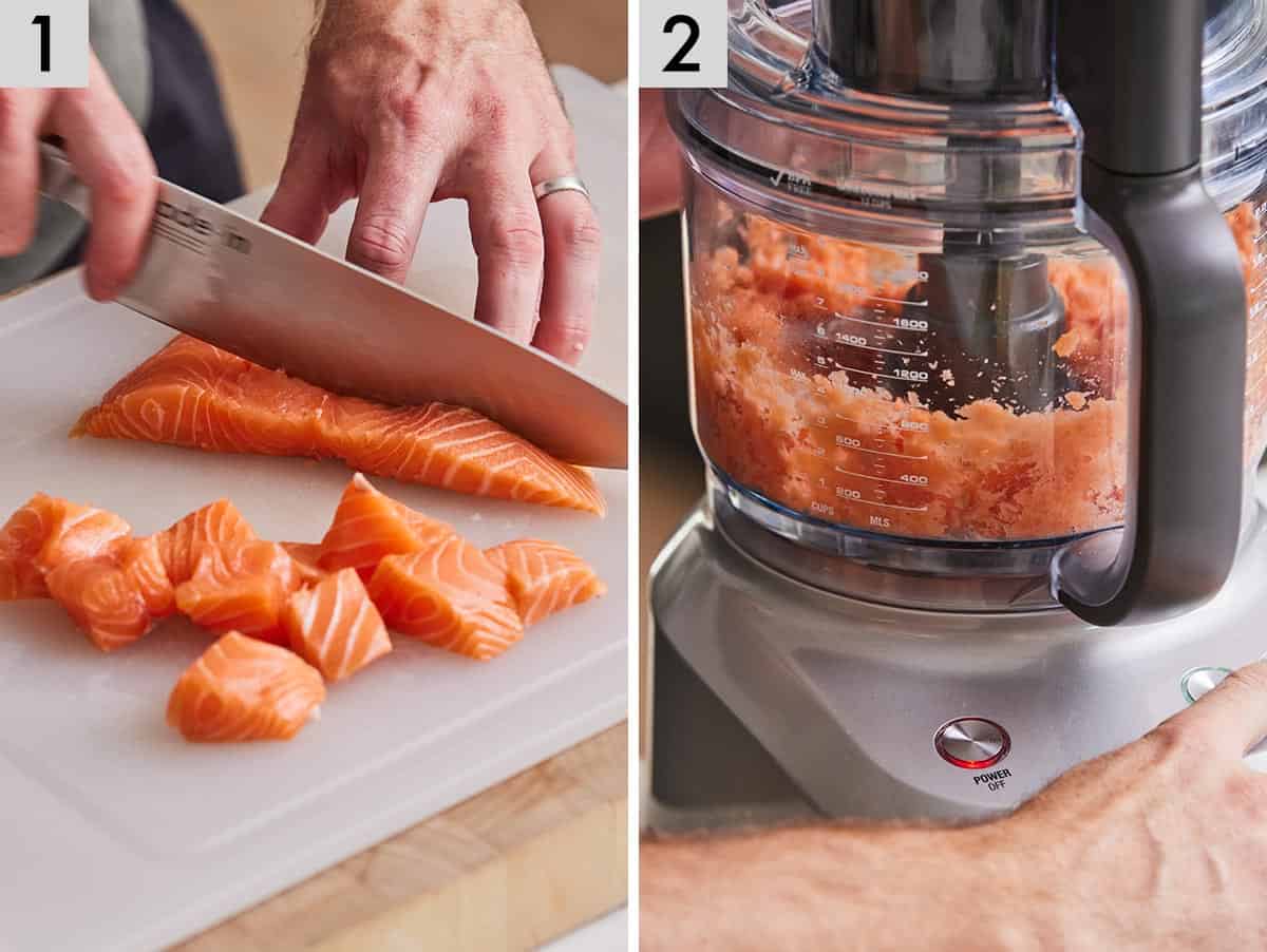 Set of two photos showing salmon cubed and added to a food processor.
