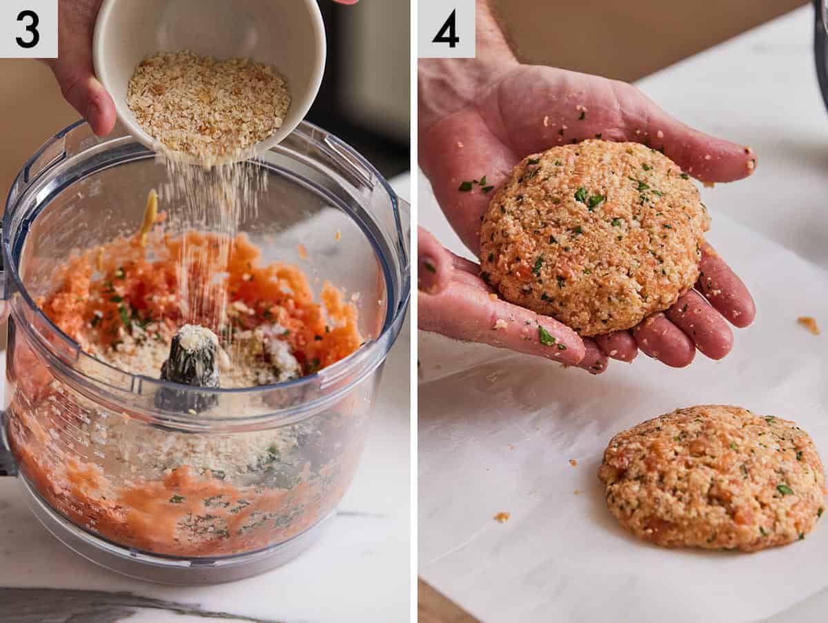 set of two photos showing seasoning added to the food processor and patties shaped.