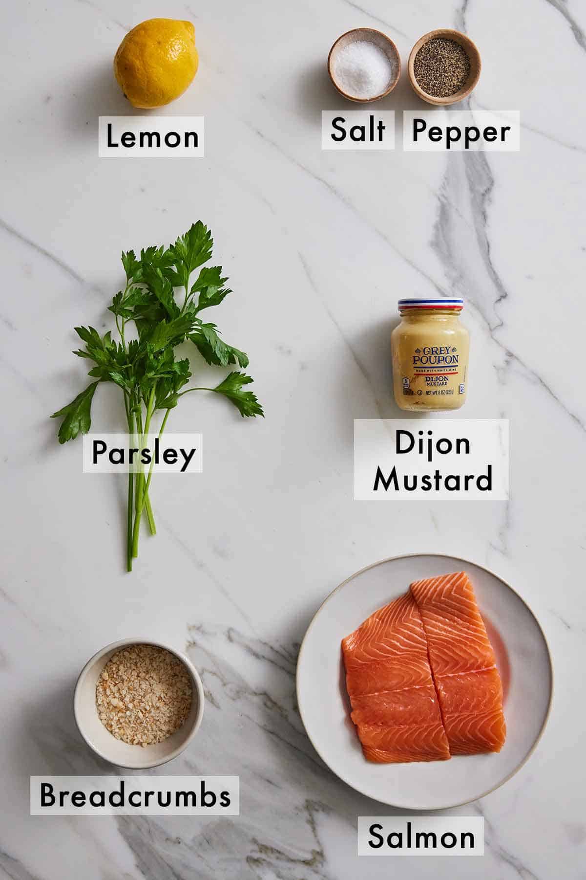 Ingredients needed to make salmon burgers.