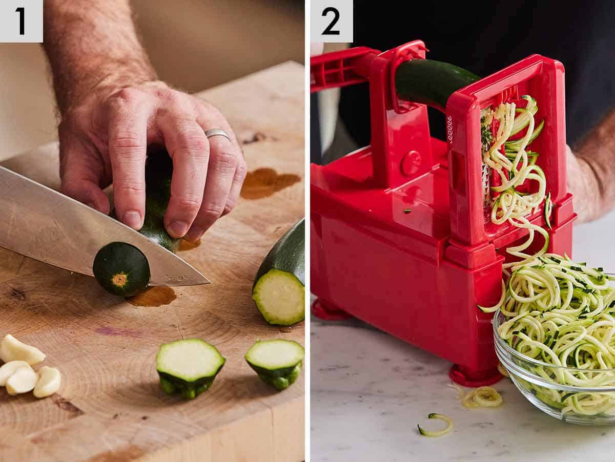 Set of two photos showing zucchini being cut and spiralized.