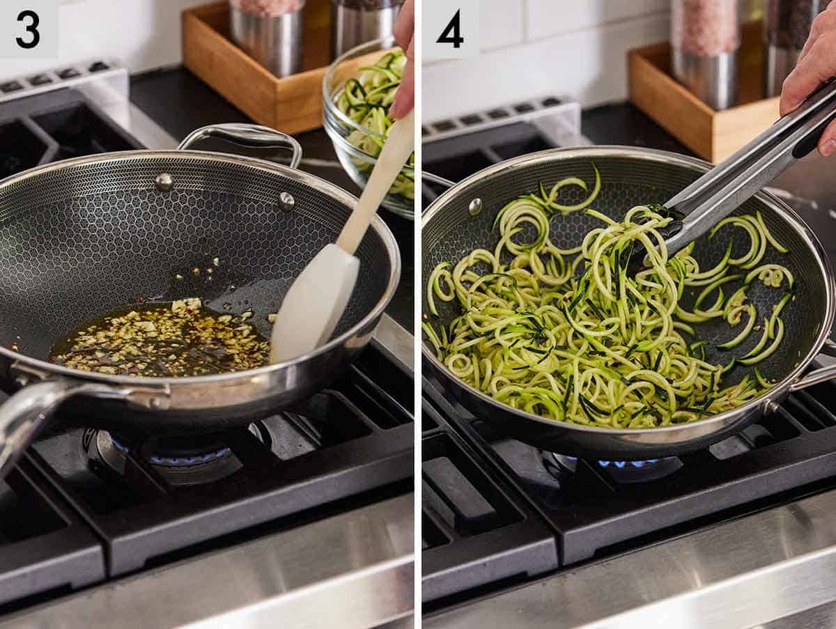 Set of two photos showing garlic and red chili flakes cooked in oil then zucchini noodles added to the pan.