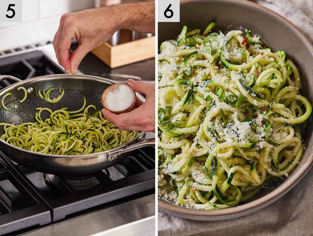 Set of two photos showing salt added to the pan and the dish plated with more parmesan on top.