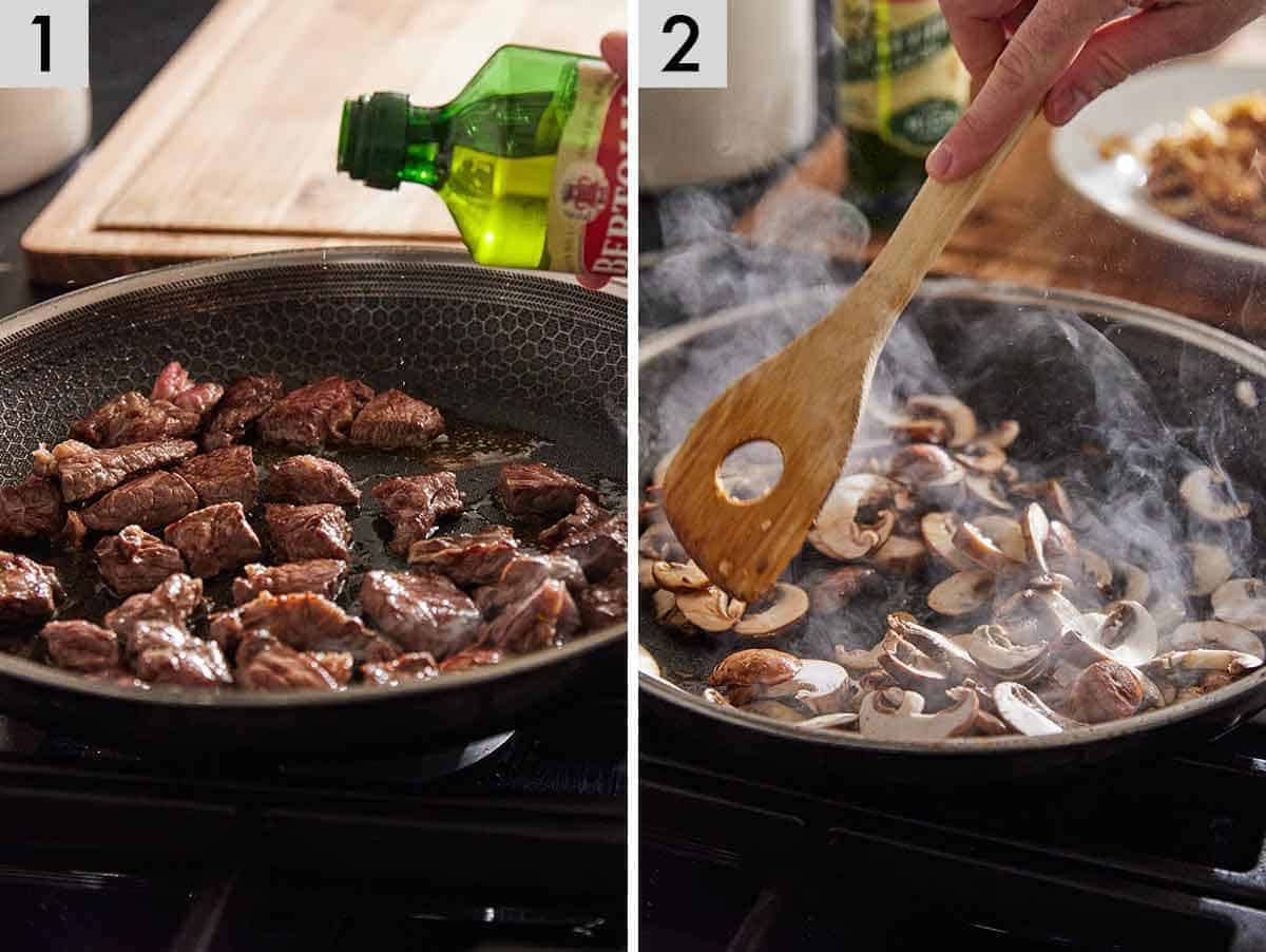 A set of two photos showing steak and mushrooms cooked in a pan.
