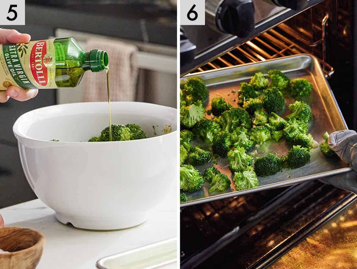 Set of two photos showing olive oil added to broccoli and roasted.