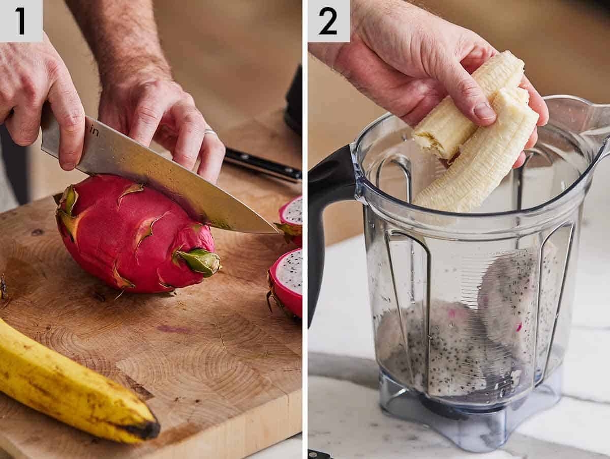 Set of two photos showing ingredients cut and added to a blender.