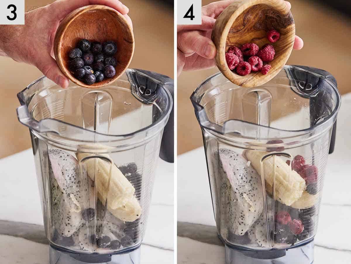 Set of two photos showing blueberries and raspberries added to a blender.