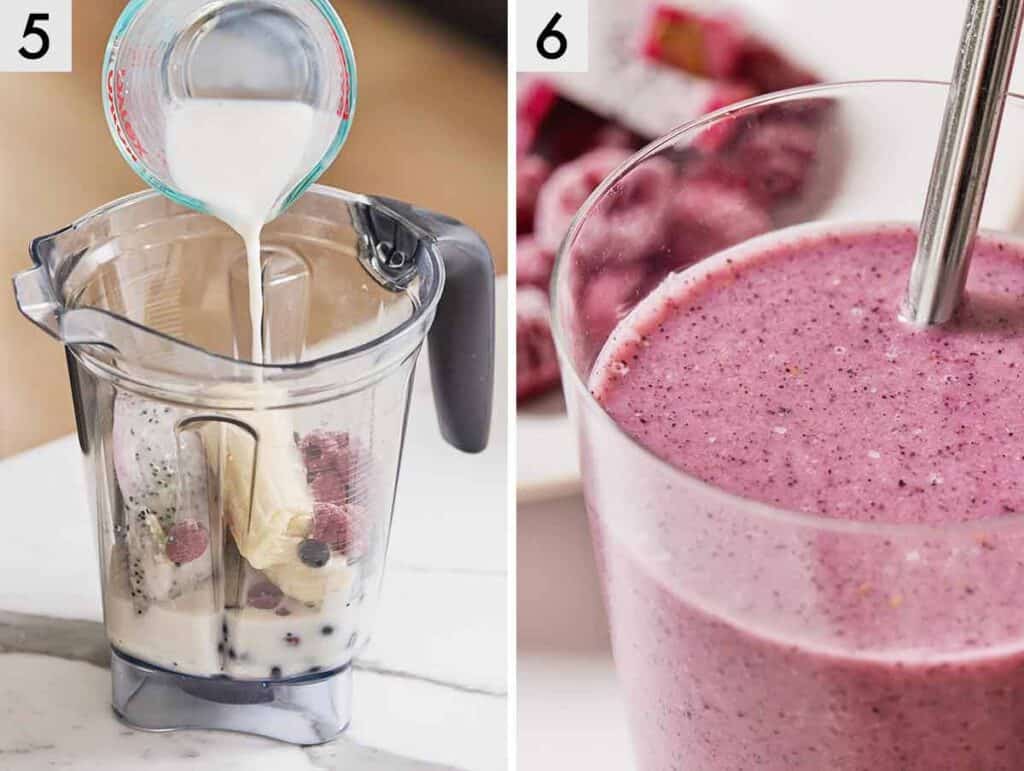 Set of two photos showing milk added to a blender then blended.