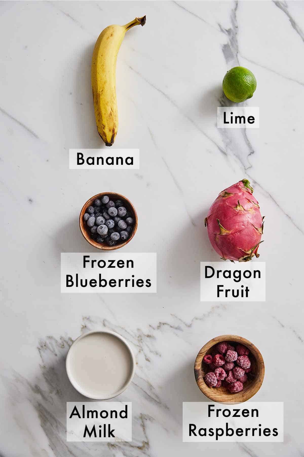 Ingredients needed for a dragon fruit smoothie.