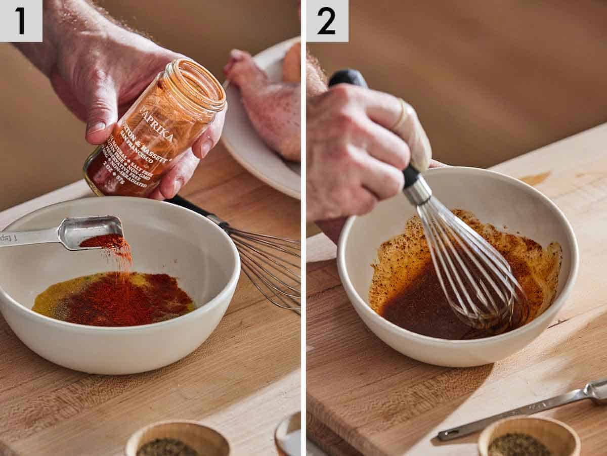 Set of two photos showing seasoning mixed and combined with oil.