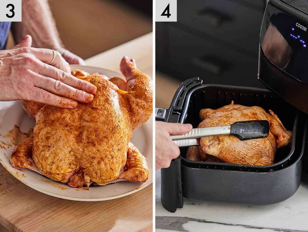 Set of two photos showing chicken rubbed with spices and added to the air fryer basket