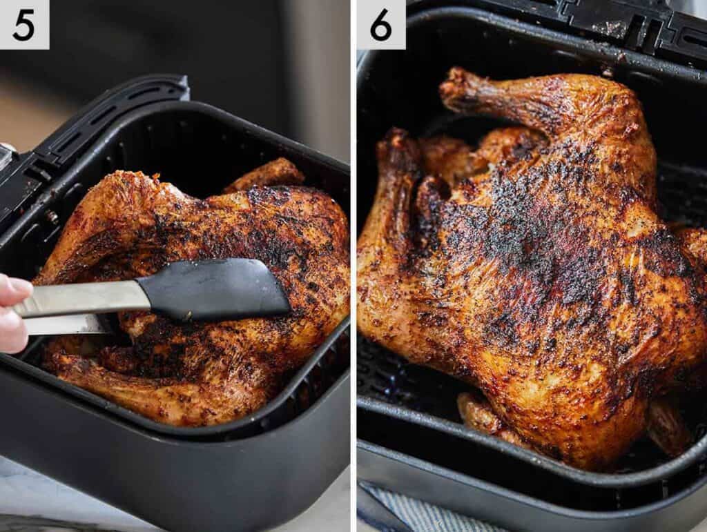 Set of two photos showing the chicken flipped and cooked again.
